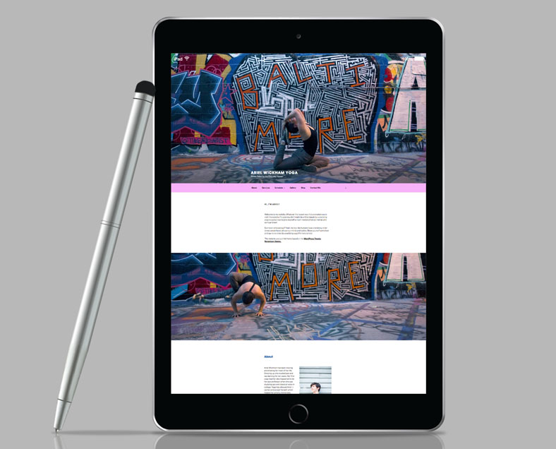 Ariel Wickham Yoga website on a tablet, showing the parallax homepage