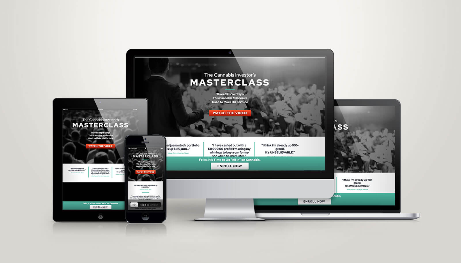 Cannabis Investor's Masterclass landing page across desktop, tablet, and mobile