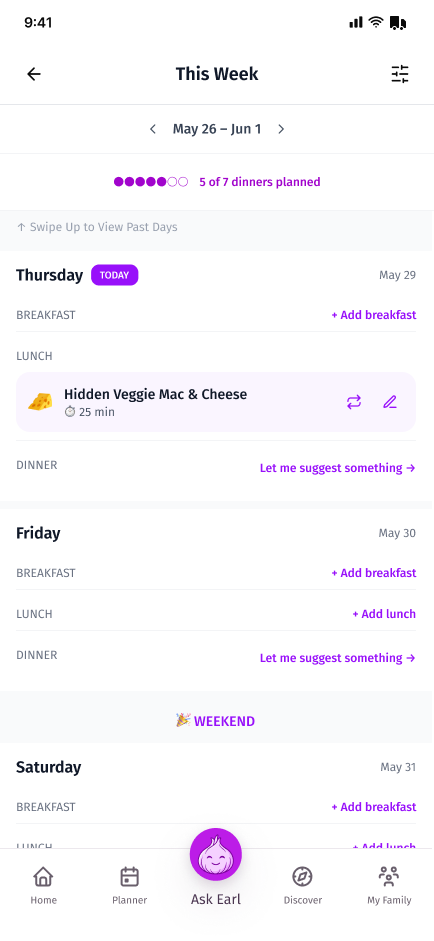 Picky App weekly meal planner