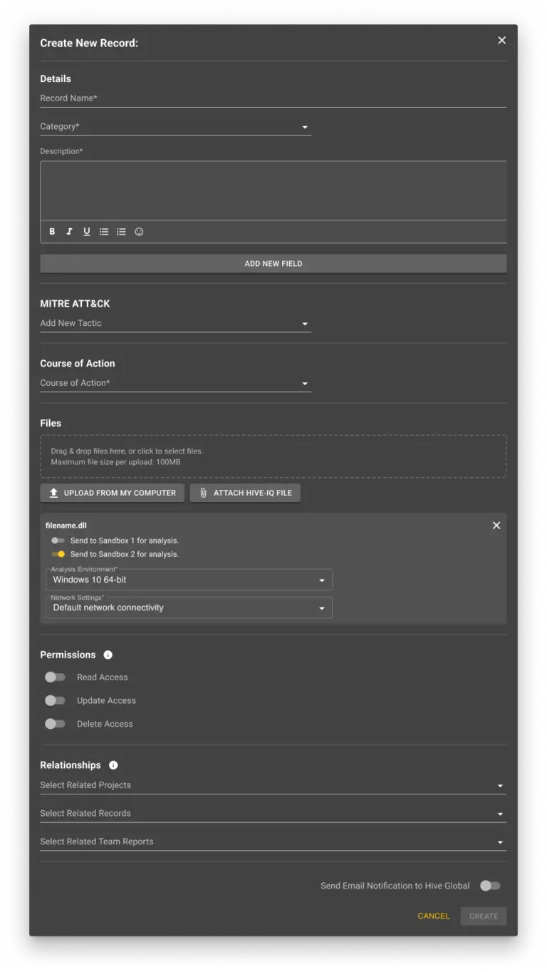 Redesigned record-creation form with integrated file upload